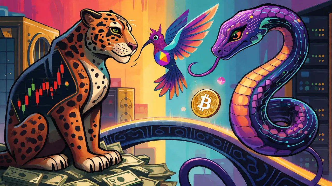 Two alebrijes, a jaguar and a serpent, meeting on a bridge to represent stocks and crypto integration.