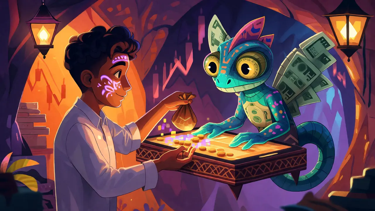Two figures trading crypto via P2P network depicted as fantastical alebrije creatures in a secret market.