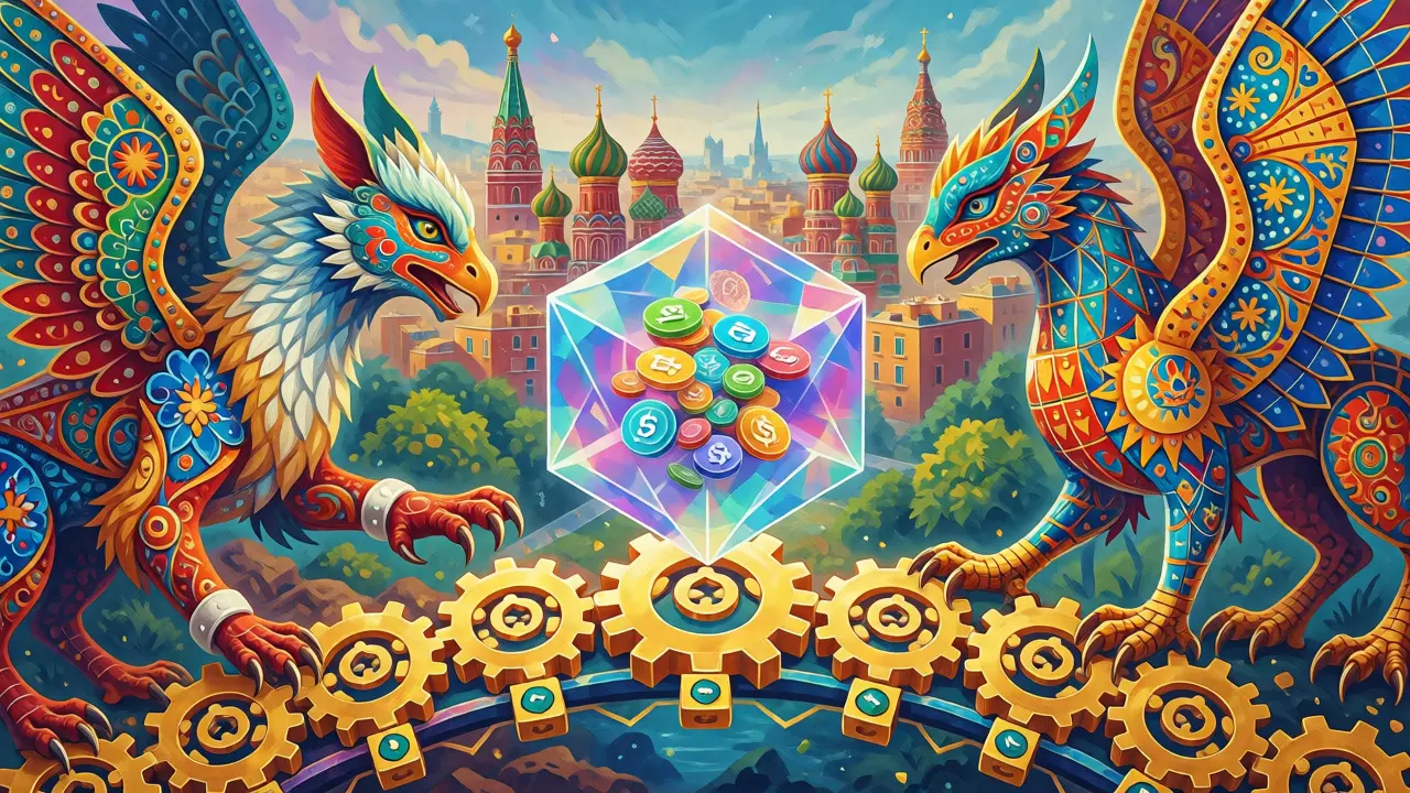Two mythical creatures exchanging crypto via a crystal escrow cube, blending Russian and Spanish cultural motifs in Alebrije art.