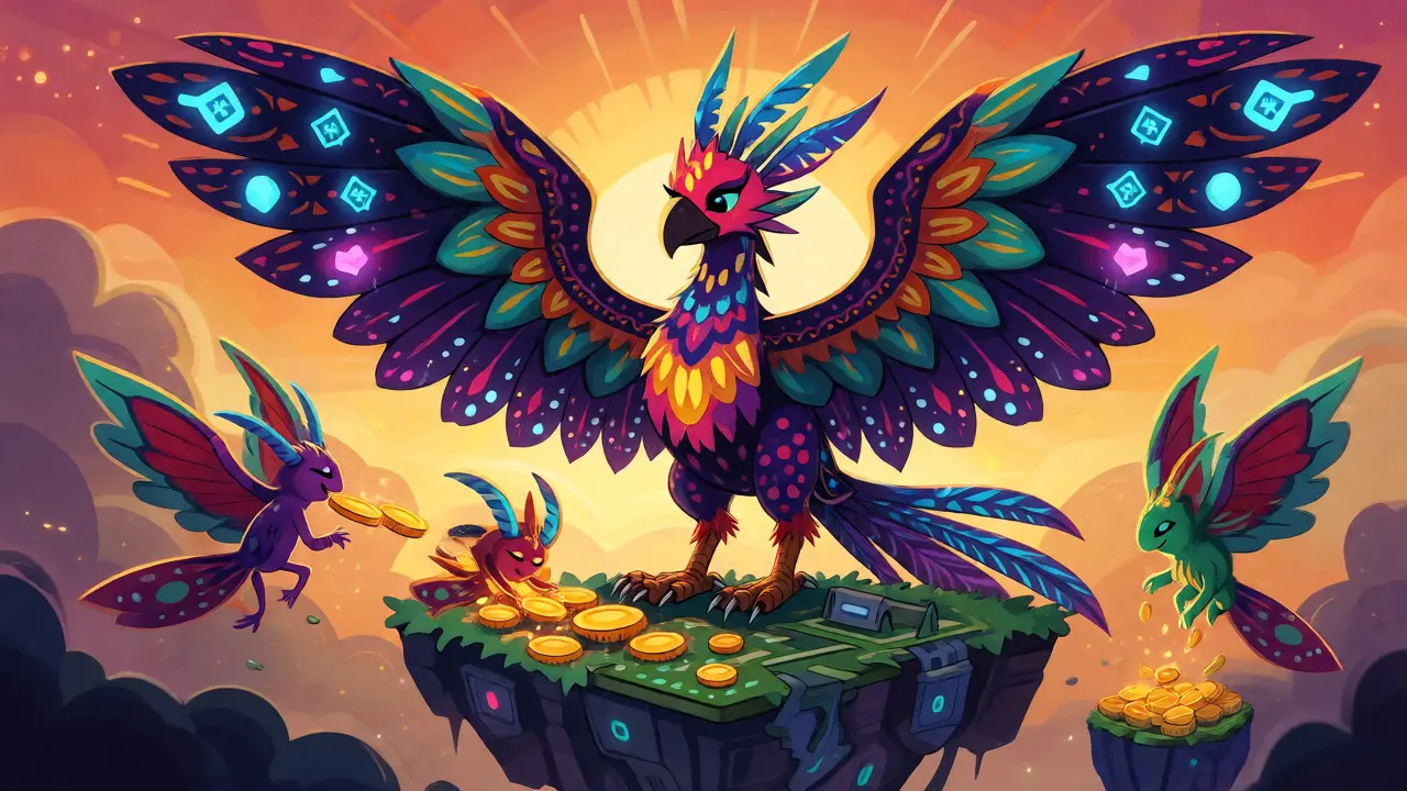 Vibrant alebrije receiving golden coins directly from fan spirits