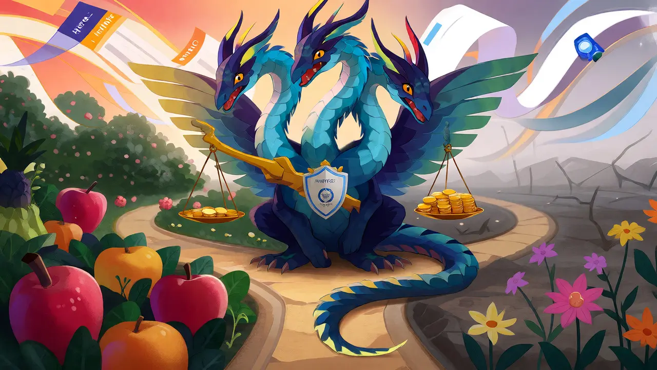 Whimsical Alebrije dragon weighing fees against regulatory safety at a crypto crossroads.