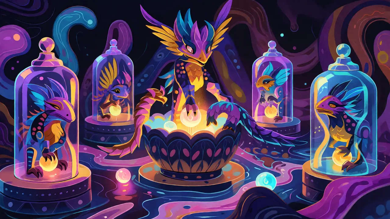 Whimsical alebrije figures locking tokens in glass time capsules.
