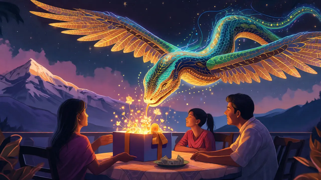 Winged digital serpent delivering gifts to a family under Himalayan stars.