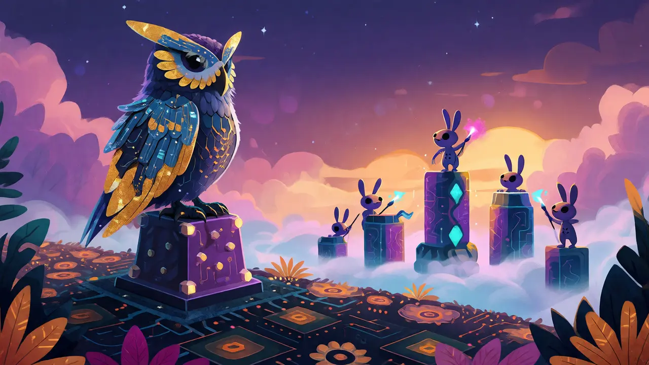 Wise alebrije owl watching new digital structures rise at dawn